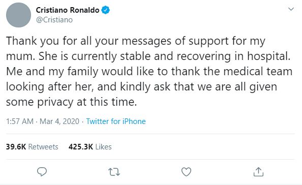 CR7 mengabarkan kondisi ibunya melalui Twitter