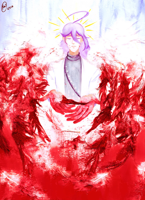A mixed media illustration of Jinguji Jakurai (Hypnosis Mic). In water color, he holds his bloodied hands out. In them is a bloodied feather. There's a golden halo at his head. His wings (actual feathers) flare out, growing bloodier the lower they go. Jakurai wears a pensive expression.