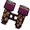 Dark purple binoculars with golden galaxy swirls on the barrels. Dark purple binoculars with golden galaxy swirls on the barrels.
