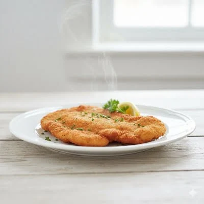 Goldgelb paniertes Schweineschnitzel fettarm im Airfryer gebacken