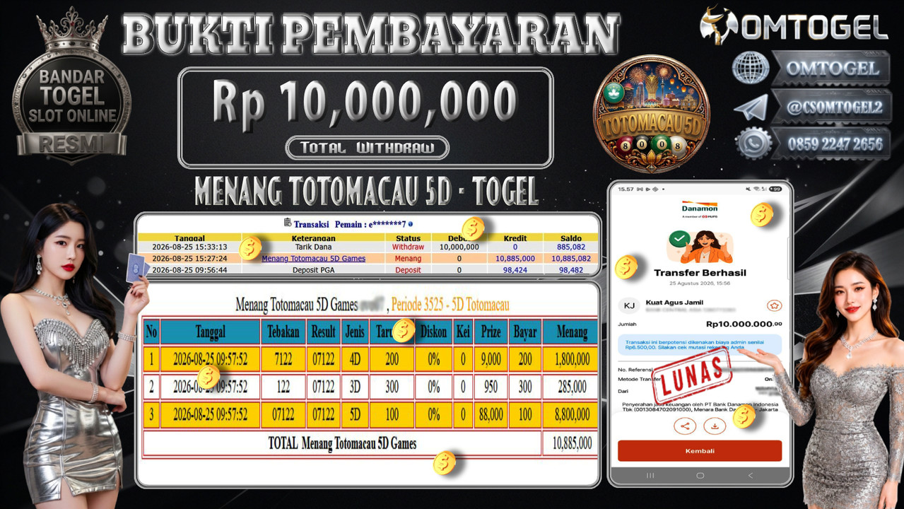 OMTOGEL JACKPOT MENANG TOTO MACAU 5D Rp,10,000,000,- DIBAYAR LUNAS