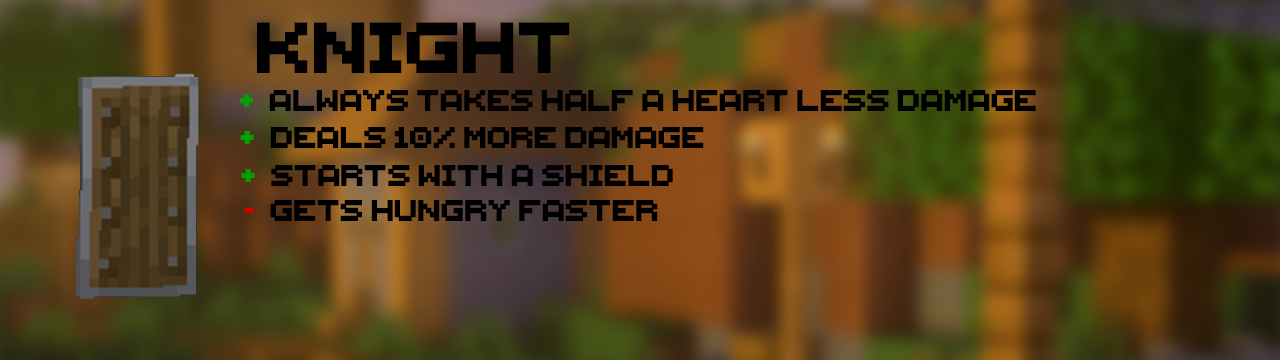 The Knight: Always takes half a heart less damage | Deals 10% more damage | Starts with a shield | Gets Hungry Faster