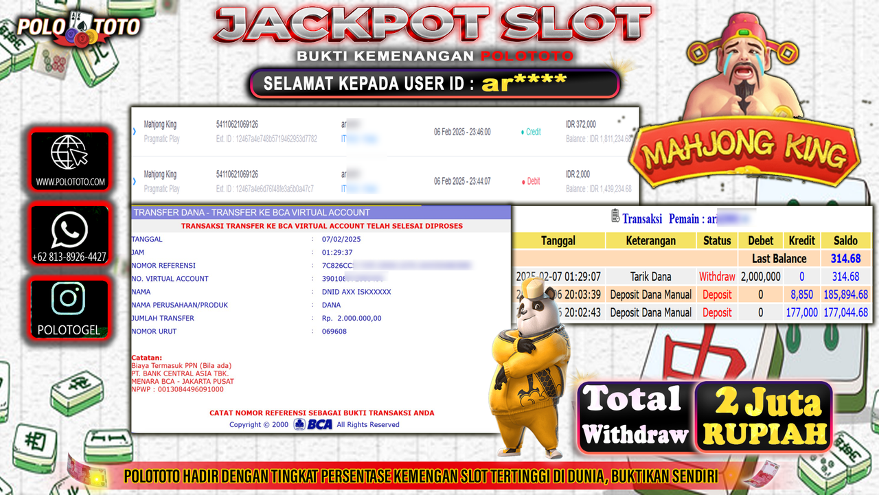 POLOTOTO JACKPOT SLOT MAHJONG KING Rp.2,000.000,-