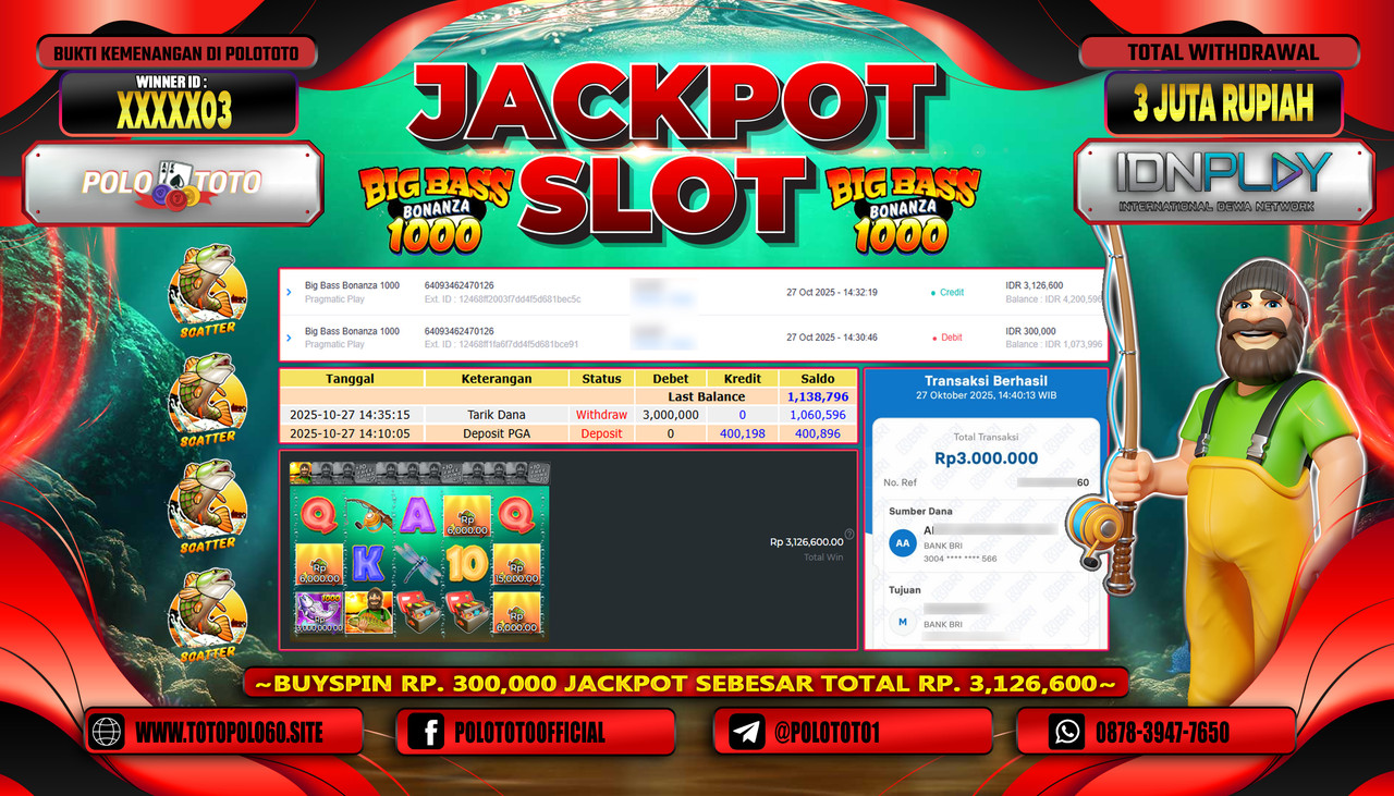 POLOTOTO JACKPOT SLOT BIG BASS BONANZA 1000 Rp.3.000.000,- LUNAS