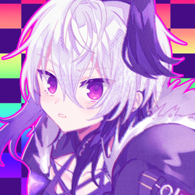 an image of flower's gynoid talk official art, with a rainbow checkered background. flower has also been tinted purple, with a magenta outline. the image is hyperlinked to the original post on tumblr with the image