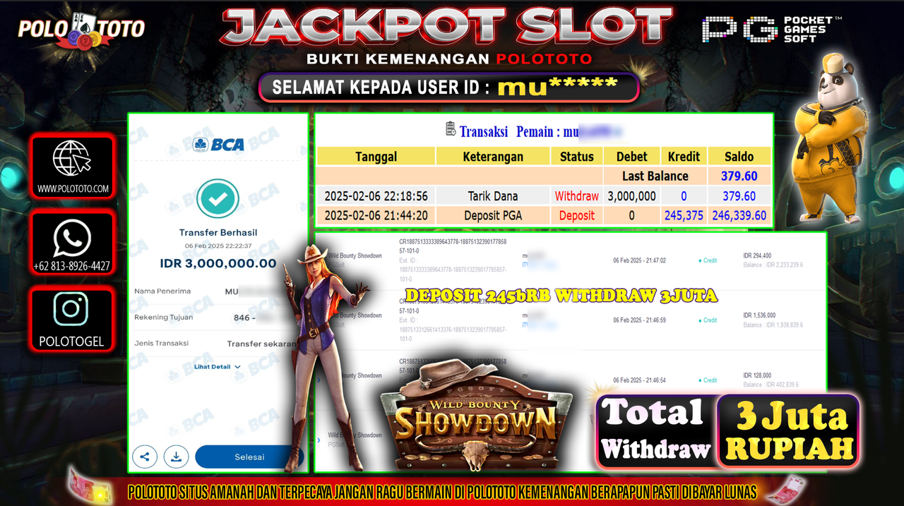 POLOTOTO JACKPOT SLOT WILD BOUNTY SHOWDOWN Rp.3,000.000,-