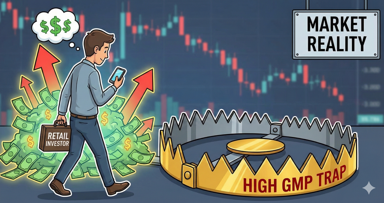 A trap labelled “High GMP” with a retail investor about to step into it unknowingly.