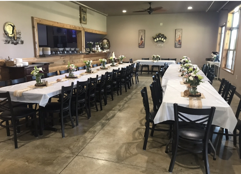 Dining room with warm lighting and bar