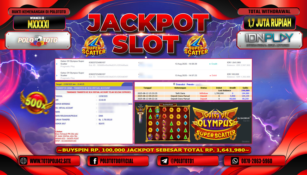 POLOTOTO JACKPOT SLOT GATES OF OLYMPUS SUPER SCATTER Rp.1.700.000,-LUNAS