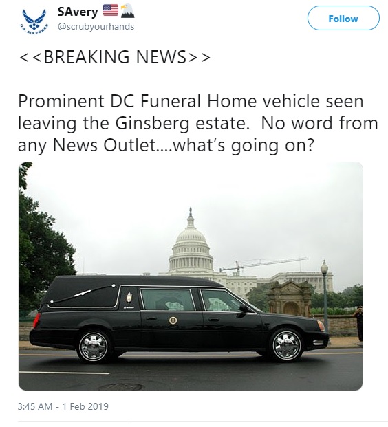 Prominent DC Funeral Home vehicle seen leaving the Ginsberg estate.  No word from any News Outlet....what’s going on?