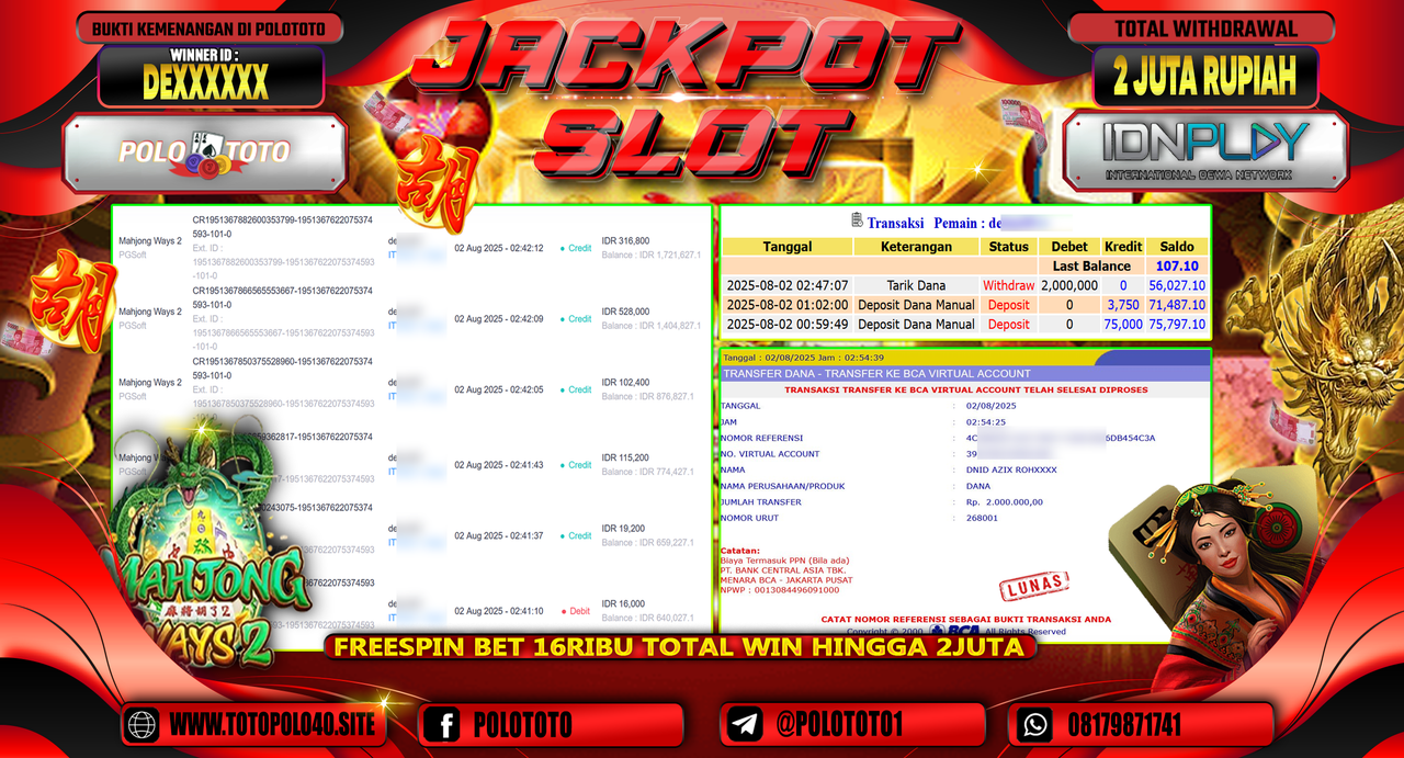 POLOTOTO JACKPOT SLOT MAHJONG WAYS 2 Rp.2.000.000,-LUNAS
