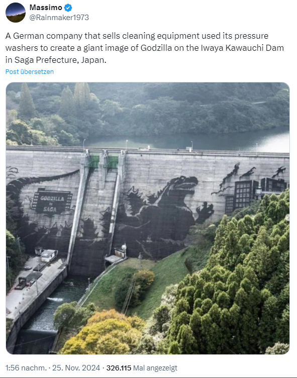 Gozilla auf Staumauer - Kärcher Kunst