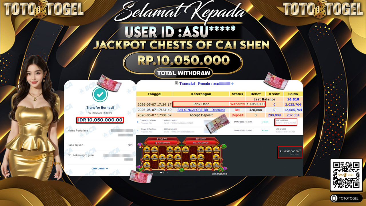 Bukti Pembayaran Jackpot Permainan Slot Chests Of Cai Shen ID:ASU*****LUNAS