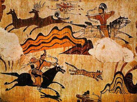 hunters wearing feathered caps ride in grave mural.