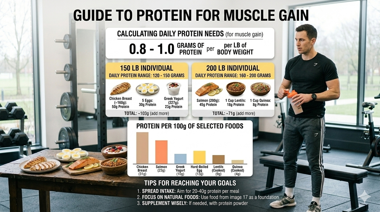 Infographic showing protein requirements for muscle gain based on body weight with examples for 150lb and 200lb individuals using top natural high-protein foods for muscle gain