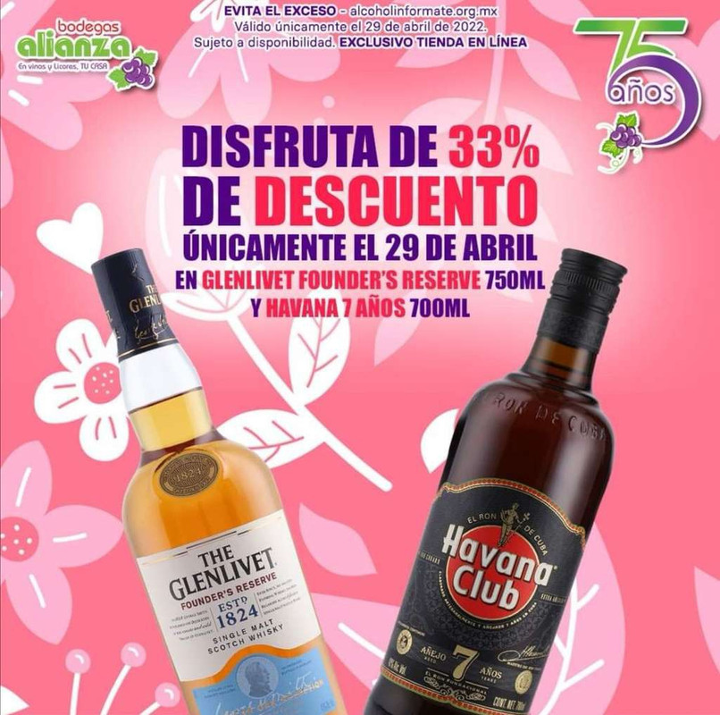 Bodegas Alianza: 33% de descuento en Glenlivet Founder's Reserve 750 ml y Havana 7 años 700 ml (solo tienda en línea) 