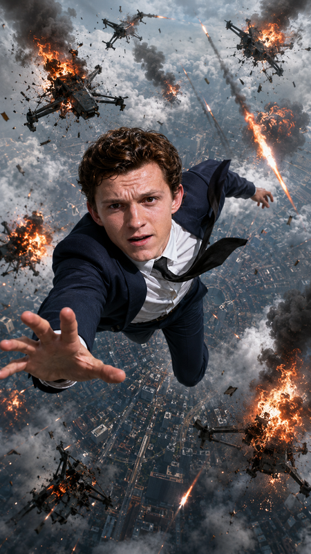 Example result for: Free Fall Chaos: Businessman Plummeting Through an Aerial Warzone Prompt