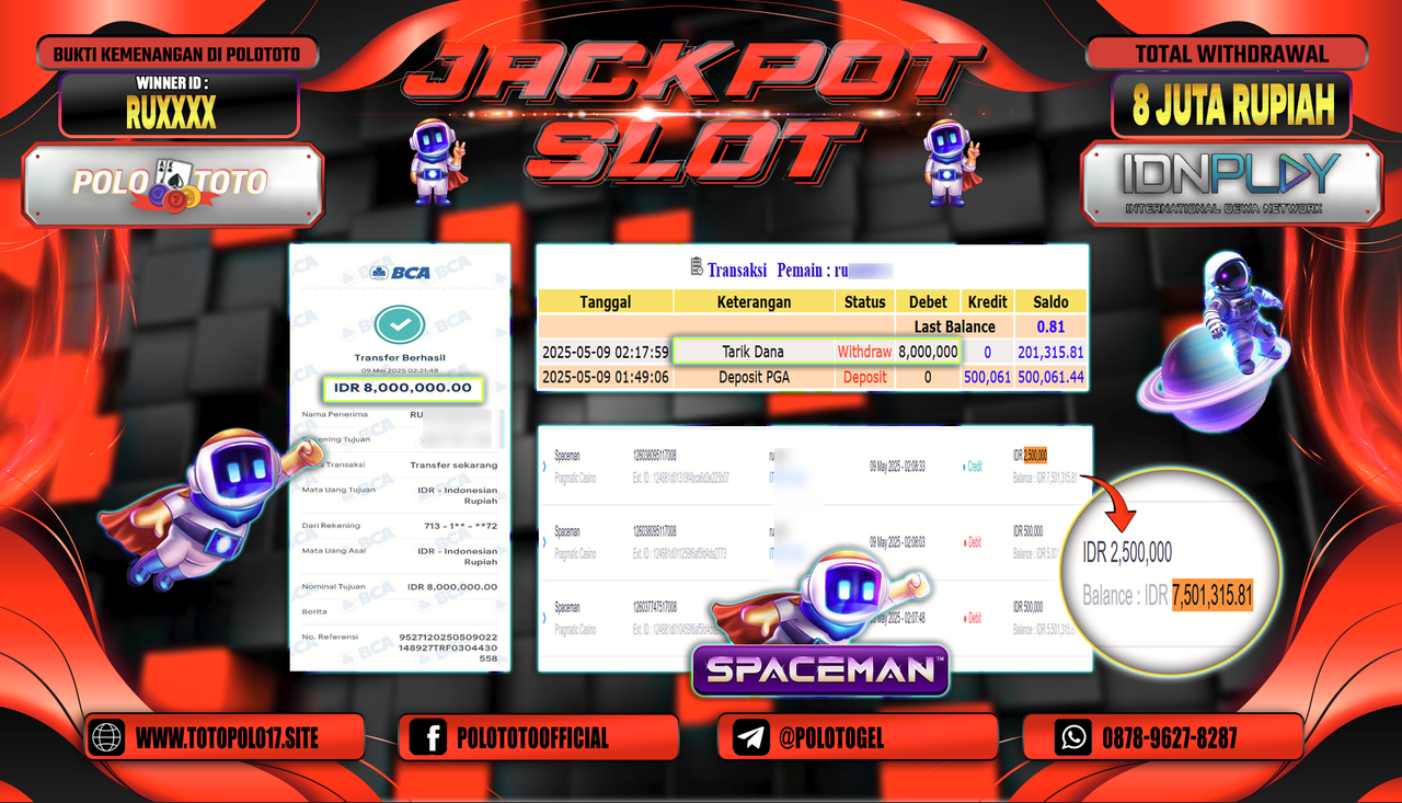POLOTOTO JACKPOT SLOT SPACEMAN Rp.8.000.000,-