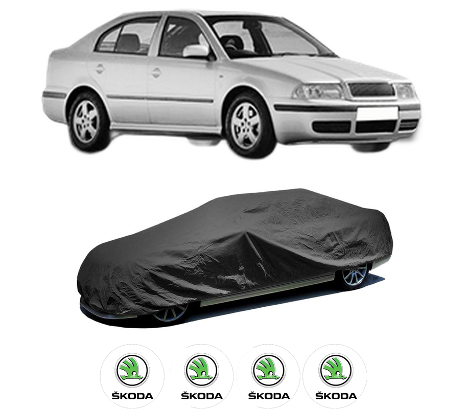 Husa tip prelata auto pentru SKODA OCTAVIA I (1U2) din 1996-2010, Culoare Negru, material textil impermeabil, rezistanta la intemperii praf UV, CARPASSION Husa Protectie, 4 Stickere auto cu SKODA