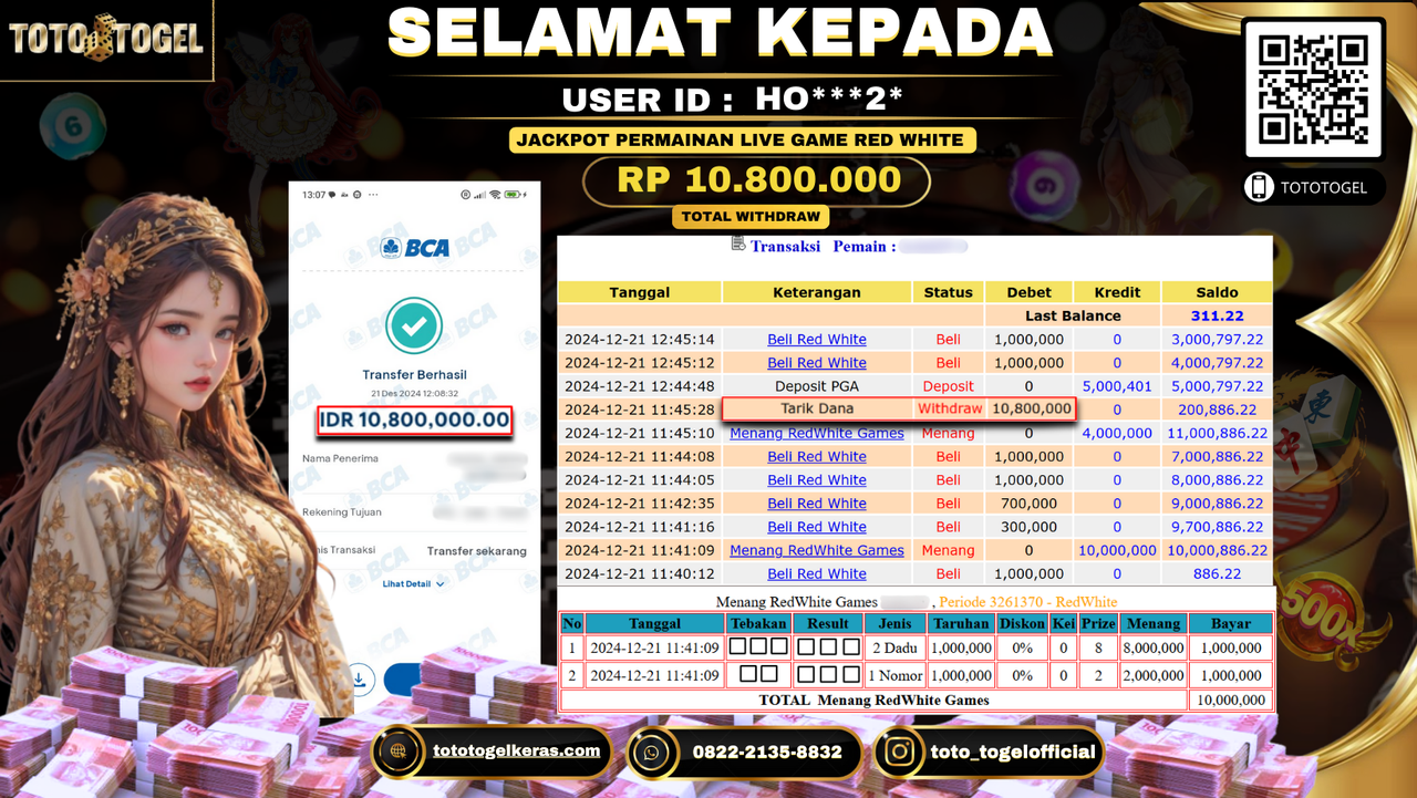 Bukti Pembayaran Jackpot  Permainan Live Game Red White : HO***2* LUNAS