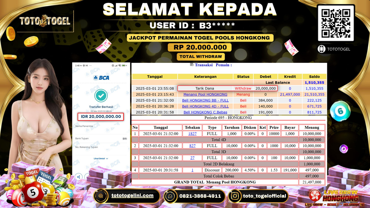 Bukti Pembayaran Jackpot  Permainan Togel Pools Hongkong  ID:B3***** LUNAS
