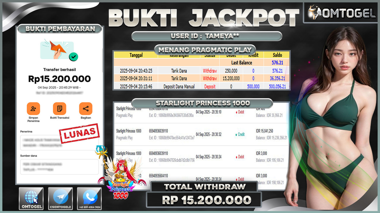 OMTOGEL JACKPOT PRAGMATIC PLAY STARLIGHT PRINCESS 1000 15 JUTA DI BAYAR LUNAS ,-