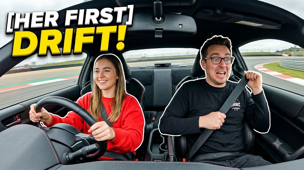 AI-generated example result for the youtube-thumbnail prompt: Automotive & Motorcycle – "HER FIRST / DRIFT!" | Car And Motorcycle Vlog Youtube Thumbnail AI YouTube Thumbnail Prompt