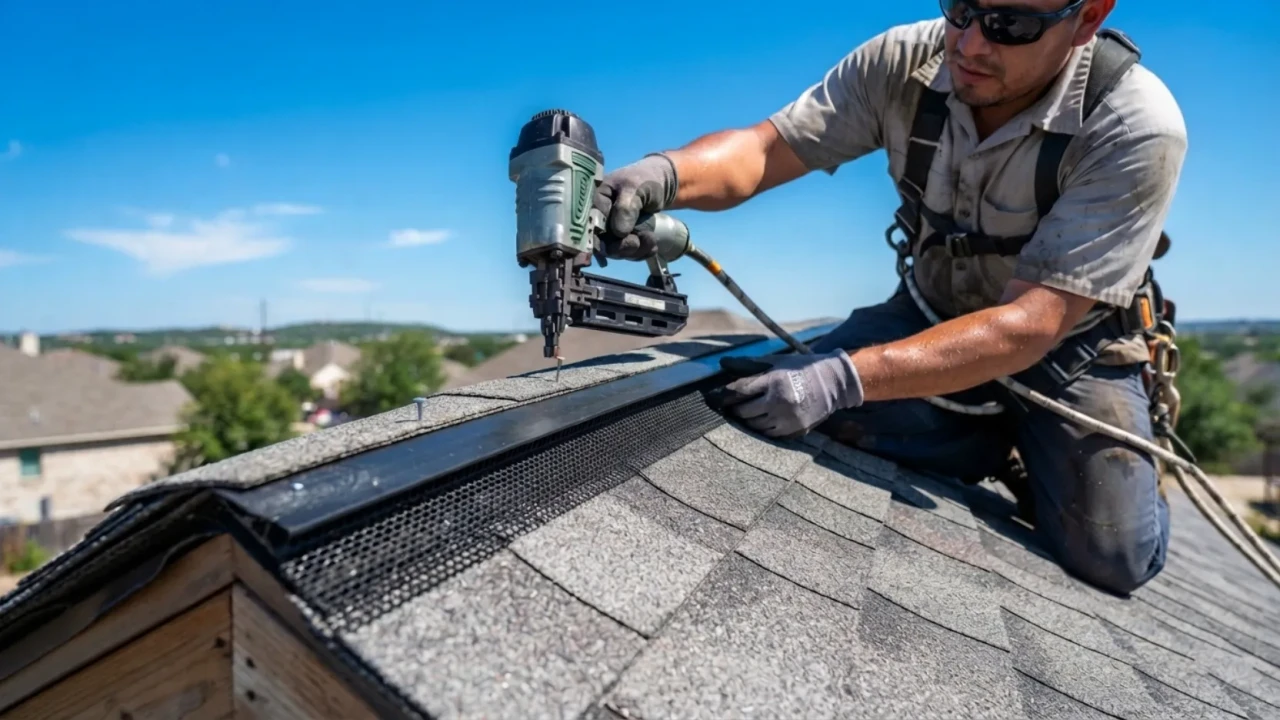 Attic ventilation ridge vent soffit vent installation San Antonio roofing