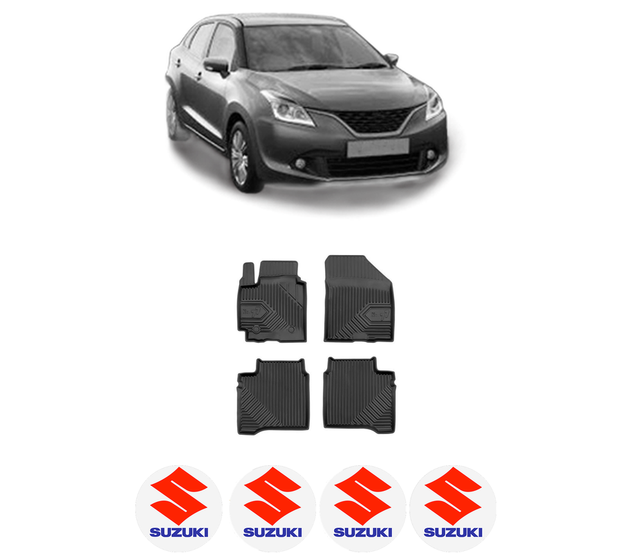 Set covorase presuri SUZUKI BALENO (FW, EW) din 2016, auto, din cauciuc thermoplastic, 4 Stickere auto cu SUZUKI