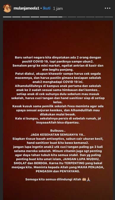 Tanggapan Mulan Jameela soal virus corona