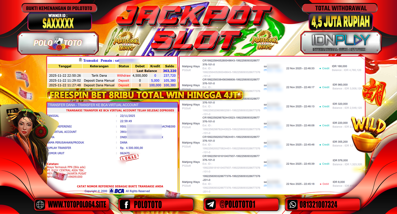 POLOTOTO JACKPOT SLOT MAHJONG WAYS Rp.4.500.000,- LUNAS