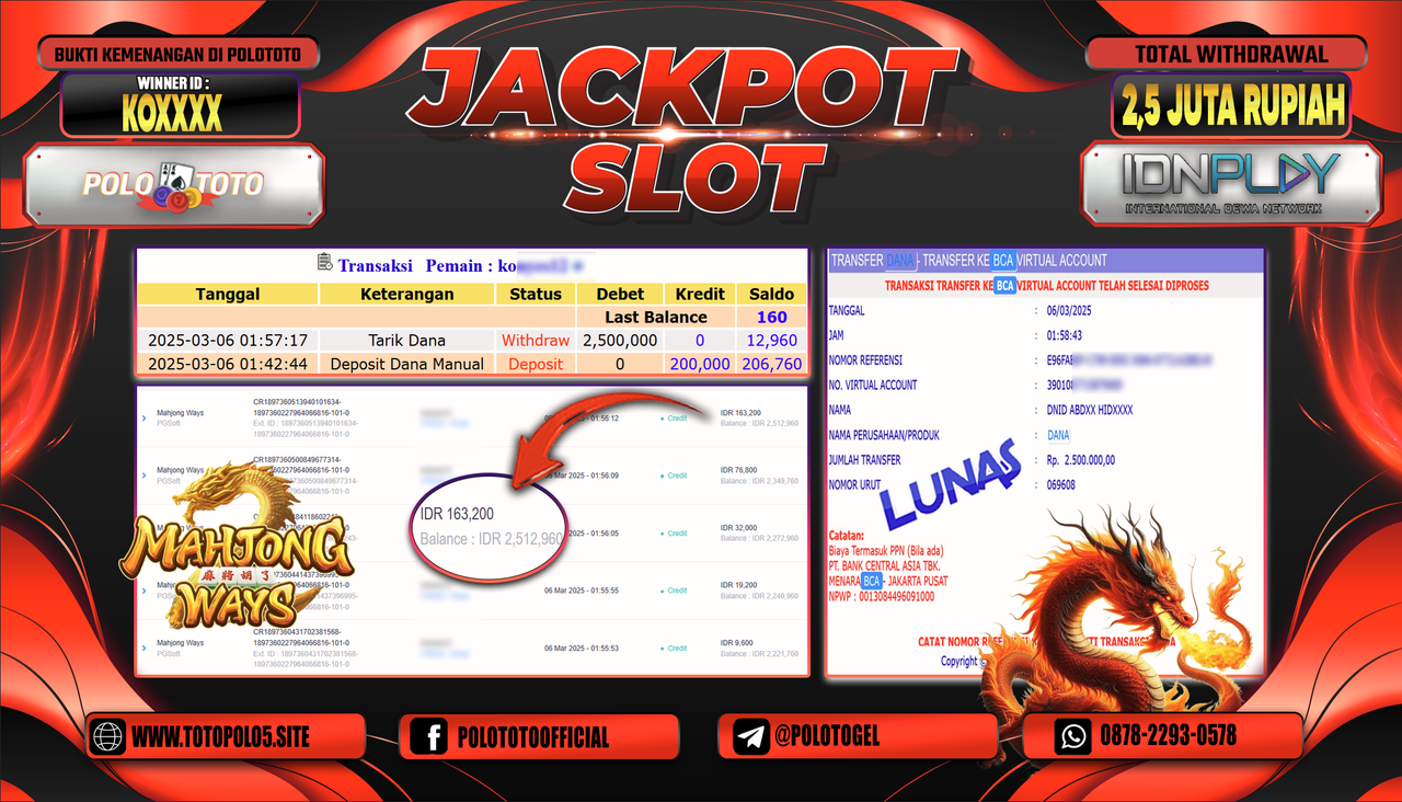 POLOTOTO JACKPOT SLOT MAHJONG WAYS Rp.2.500.000,-
