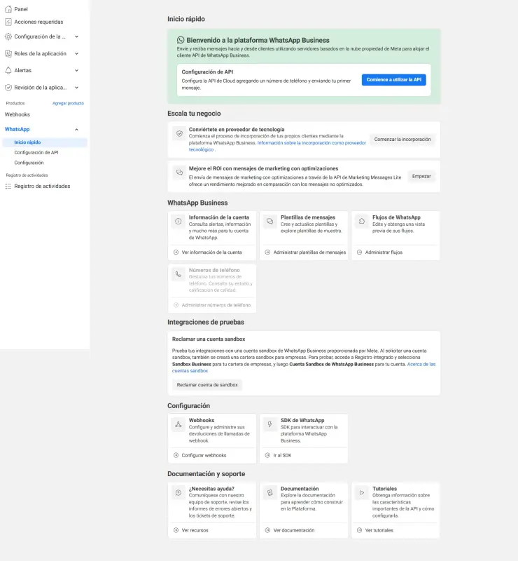 Panel de configuración API WhatsApp Business con IA