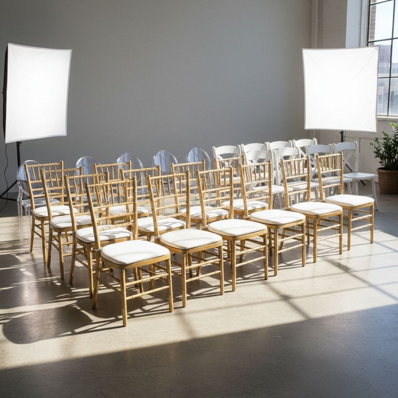 Сравнительный обзор популярных моделей для аренды стульев: прозрачные Ghost, классические Кьявари и складные варианты в интерьере.