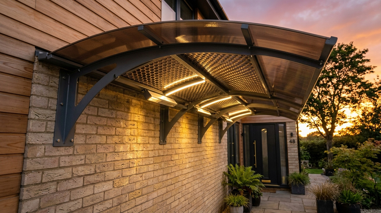 Бронзовый поликарбонатный козырек над входом в частный дом с подсветкой