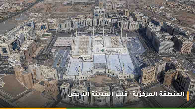 منظر جوي للمنطقة المركزية في المدينة المنورة يظهر المسجد النبوي والفنادق المحيطة به