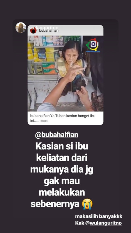 Insta story Wulan Guritno yang dibagikan kembali oleh Bubah Alfian