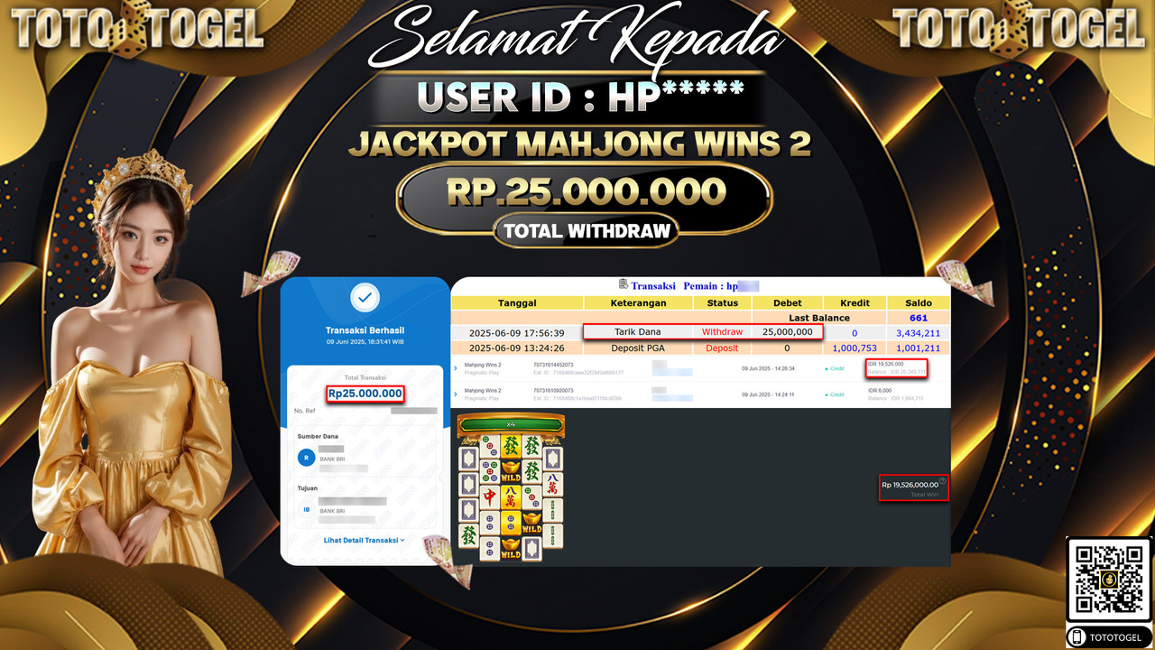 Bukti Pembayaran Jackpot Permainan Slot Mahjong Wins 2 ID:HP***** LUNAS