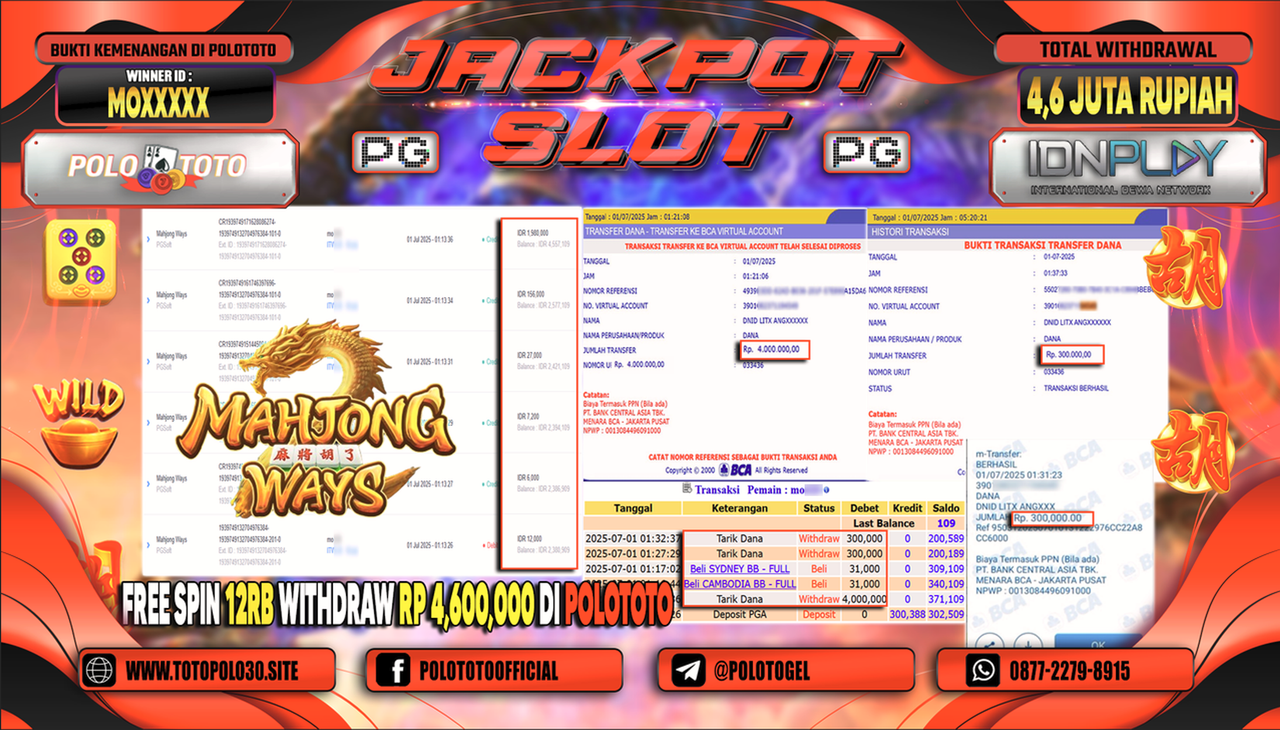 POLOTOTO JACKPOT SLOT MAHJONG WAYS  Rp.4.600.000,- LUNAS