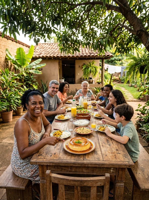 Família almoçando com pudim