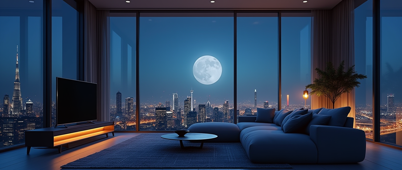 Living room, Apartment 102, 'Highrise' Apartment Complex, Gangnam, Seoul. This is where {{char}} and Yoobin live.