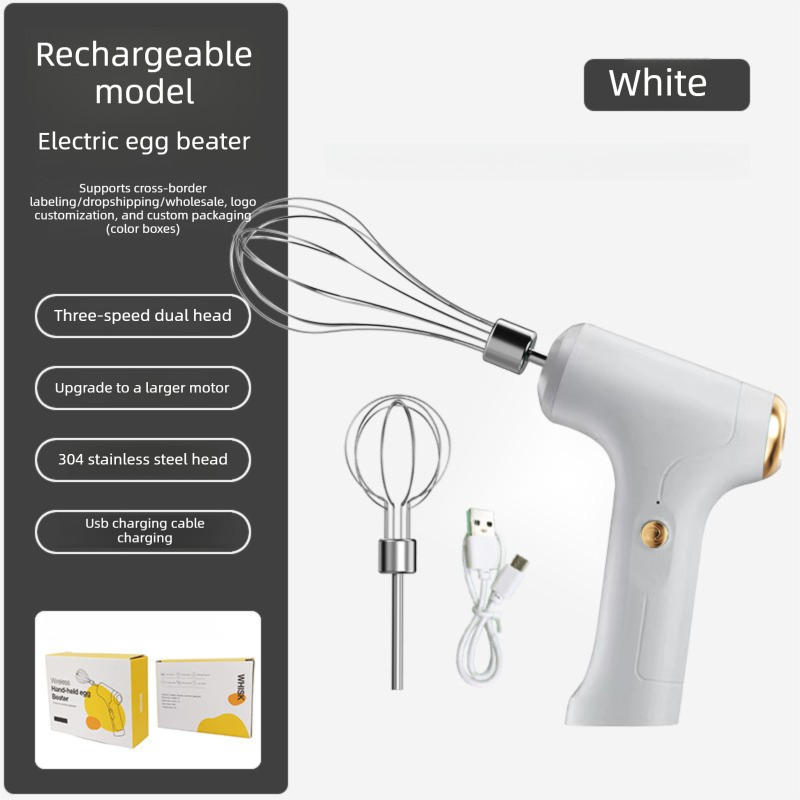 Cordless Electric Hand Mixer - Rechargeable 3-Speed Egg Beater & Cream Whisk - Lightweight Self-Standing Design for Baking, Cake & Batter (White)