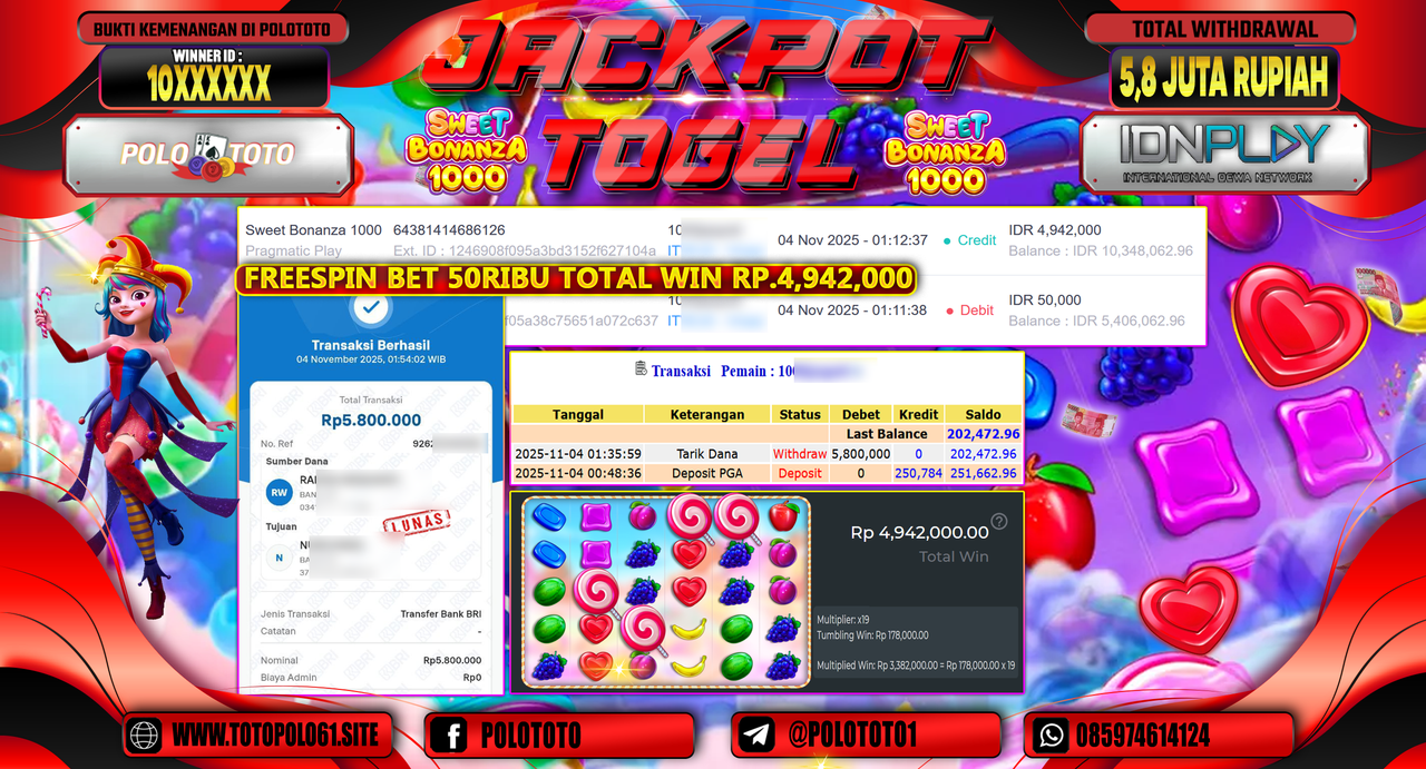 POLOTOTO JACKPOT SLOT SWEET BONANZA 1000 Rp.5.800.000,- LUNAS