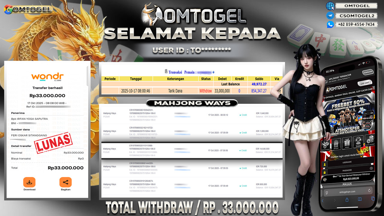 OMTOGEL JACKPOT PGSOFT MAHJONG WAYS 33 JUTA DI BAYAR LUNAS ,-