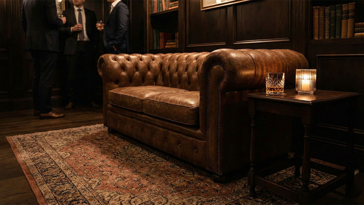 Кожаный диван Честер в вечернем освещении создает атмосферу закрытого клуба.