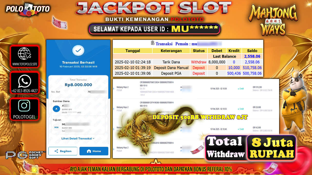 POLOTOTO JACKPOT SLOT MAHJONG WAYS Rp.8,000.000,-