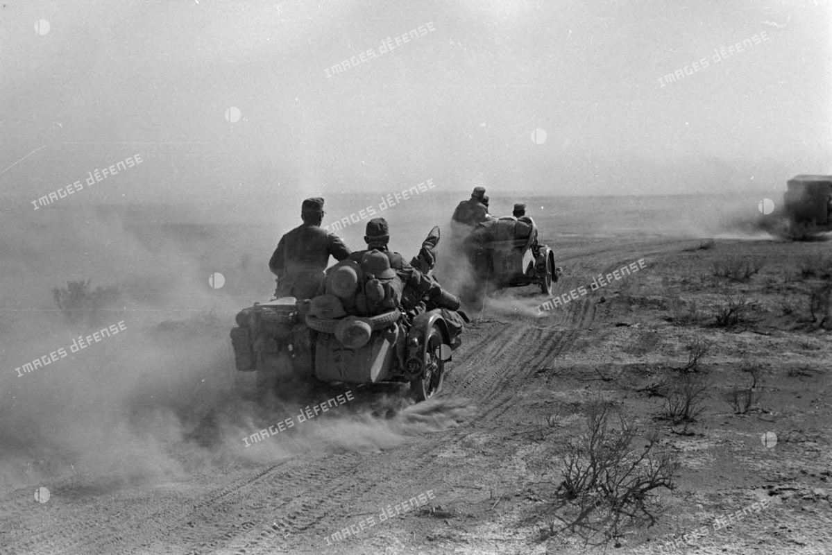 Side-cars qui roulent dans le désert 1941 (5)