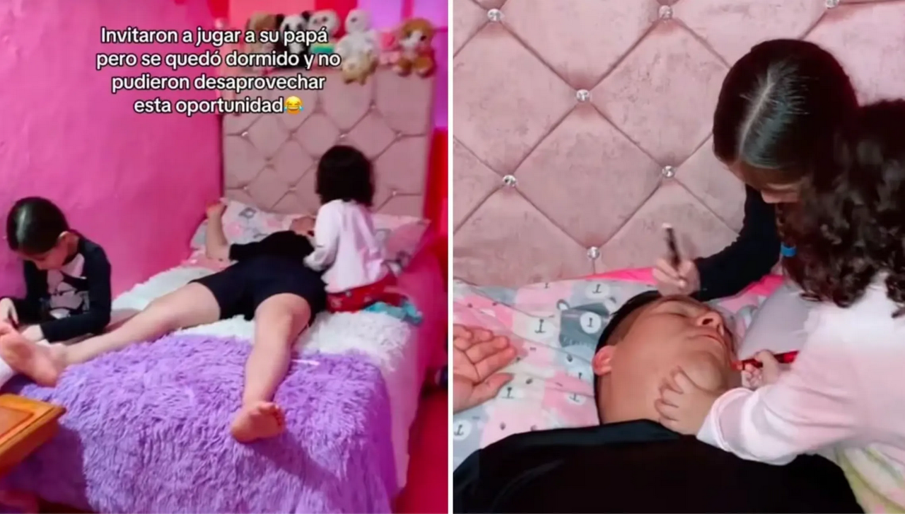 Niñas traviesas se ven felices maquillando a su padre dormido (video)