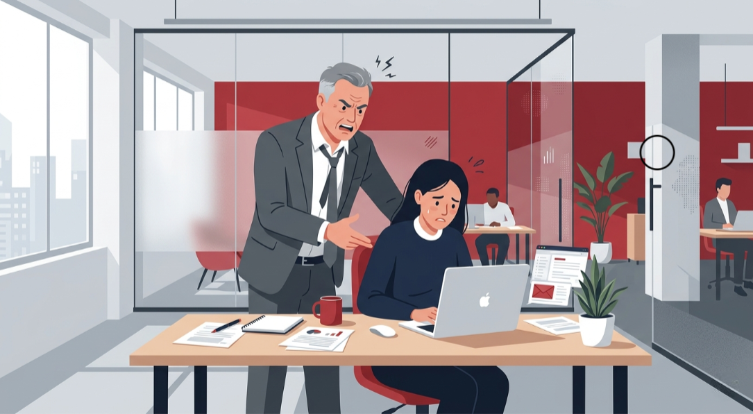 Minh họa nhân viên căng thẳng khi làm việc với sếp đồng bóng, thể hiện các dấu hiệu quản lý thất thường và môi trường công sở tiêu cực.