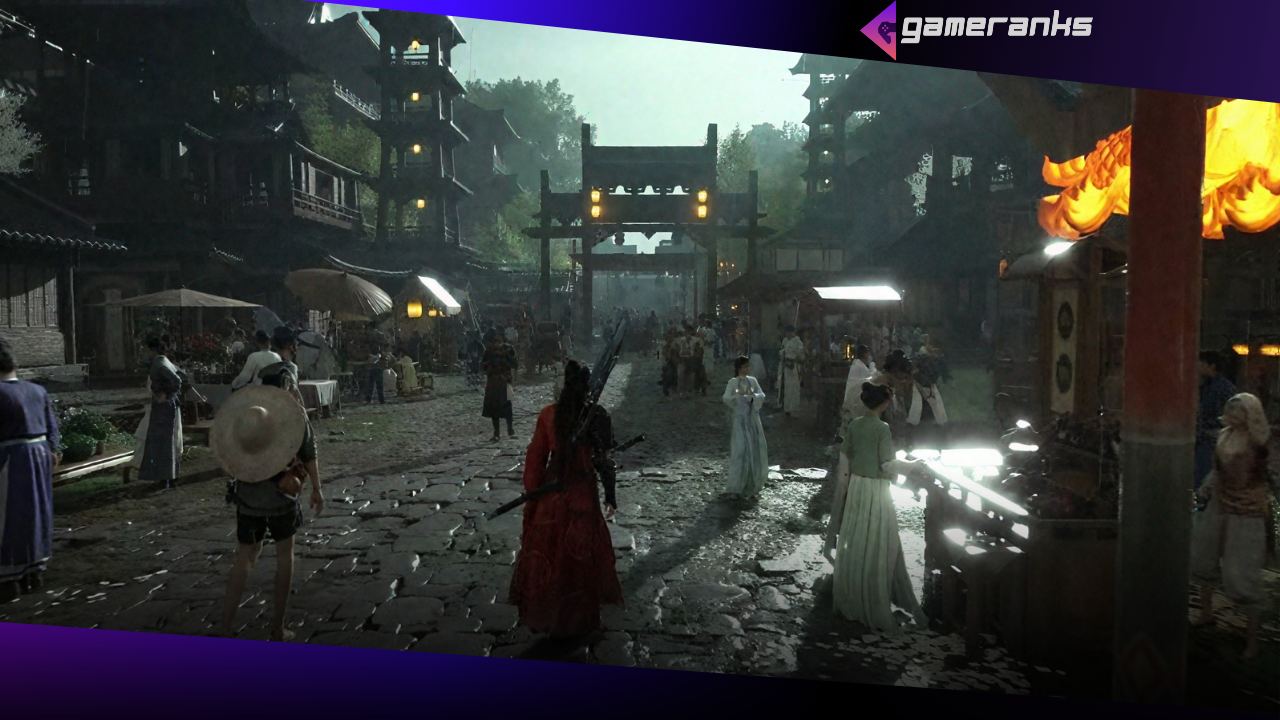 Cena de exploração em floresta com templo ao fundo